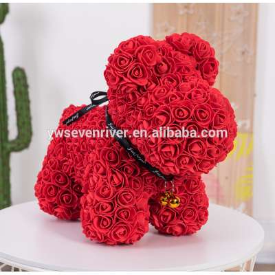 hot sale valentine artificial flower stuffed pet dog custom plush toys handmade teddy bear red rose flower